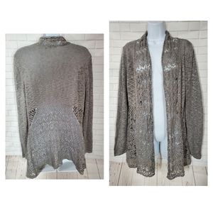 Belldini Gray Crochet Knit Long Sleeve Open Cardigan Sweater